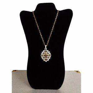 Vtg 70s White Enamel Gold Pendant Necklace